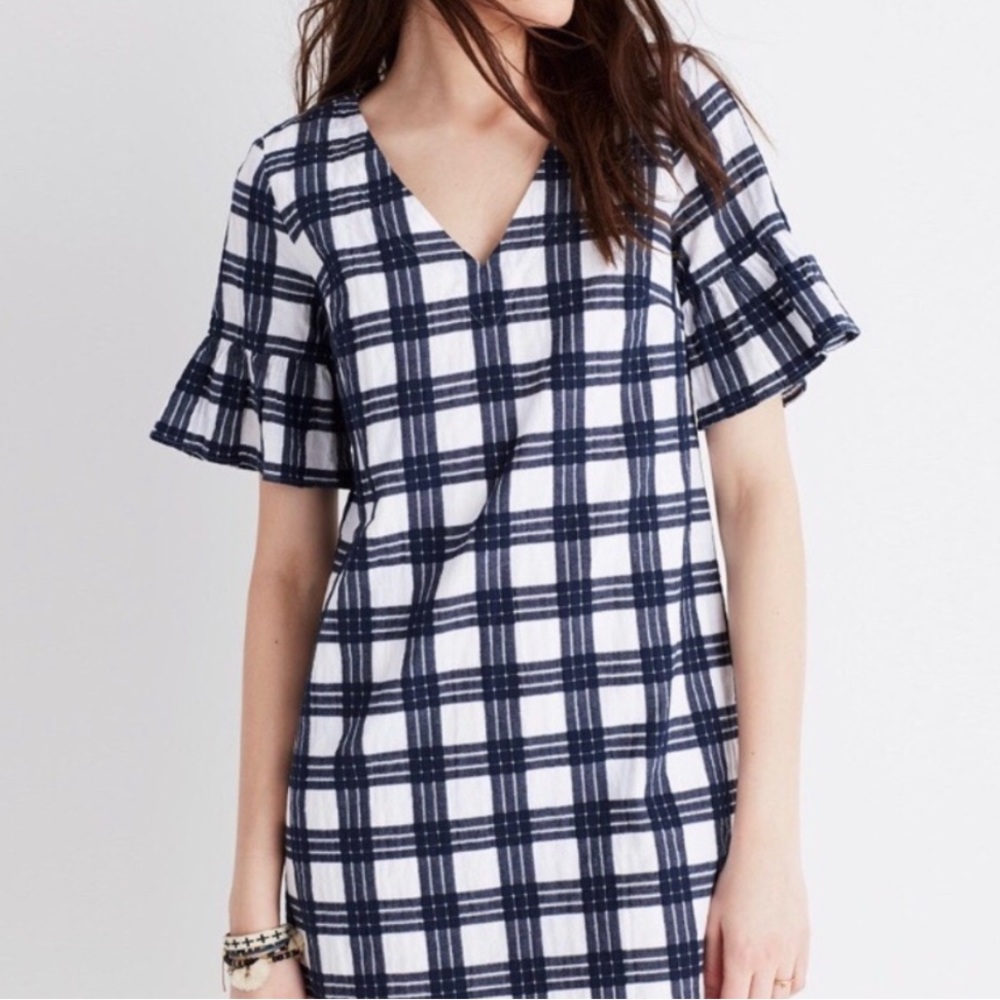 Madewell | Leighton Plaid Bell Sleeve V Neck Dress - Picture 3 of 12